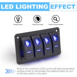 BUNKER INDUST 4 Gang Rocker Switch Aluminum Panel with Blue LED Light Waterproof 5 Pin On Off Toggle Switches for 12V/24V Marine Boat RV Truck Car ATVs