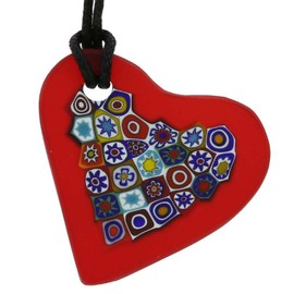 Glass Of Venice Murano Glass Matte Millefiori Heart Necklace - Red