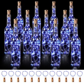 Rtteri 24 Pcs Wine Bottle Lights with Cork, Empty Wine Bottles and 9.84 ft 30 LED Waterproof Battery Operated Cork Lights for Christmas Party Decorations(10 x 2.4 Inch,Blue)