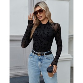 Zeagoo Winter Tops for Women Long Sleeve Mesh Mock Neck Shirts See Through Date Night Club Outfit