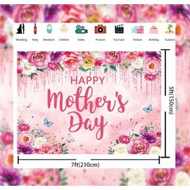 Happy Mother's Day Party Backdrop I Love Mom Photography Background Pink Purple Flower Women Queen's Day Thanks Mama Photo Background (7X5FT (210x150cm))