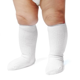 EPEIUS Seamless Cable Knit Knee High Socks - Infants Boys/Girls Uniform Socks, Cotton Stockings, 6-12 Months, 3 Pack Natural White