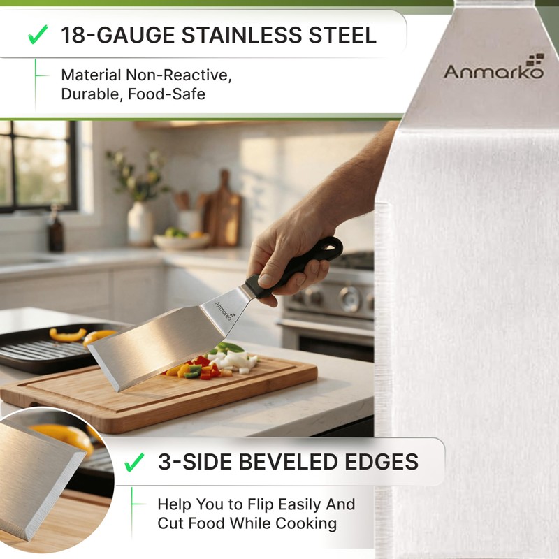 Anmarko Stainless Steel Metal Spatula, Hamburger Turner with Black Handle