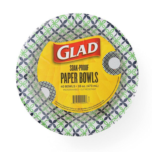 Glad Round Disposable Paper Bowls with Blue and Green Happy Daisies Design | Soak Proof, Cut-Resistant, Microwaveable Heavy Duty Disposable Bowls | 16 oz, 40 Count Cute Design Floral Paper Bowls