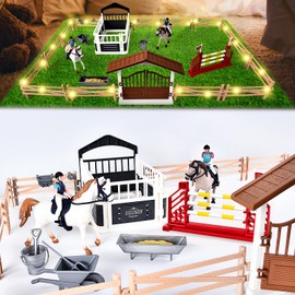 JONRRYIN Horse Stable Toy Horses, 49 Pieces Horse Club Toy, Horse Club, Horse Paddock, Horse Stable, Rider Toy Figures, Obstacles Horse Fence with LED Gift for Children