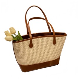 Straw Bag with Leather Handles Beach Bag, Tote Bag for Women, Market Basket, Moroccan Basket, Crossbody Bag, Summer Bag (Khaki)