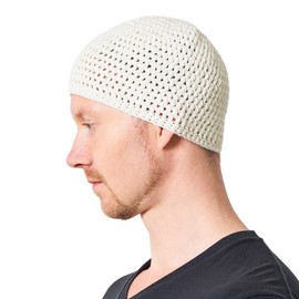 CHARM Cotton Skull Cap for Men - Crochet Kufi Hat Mens Beanie Prayer Hat Knit Soft Sensitive Skin Chemo White L