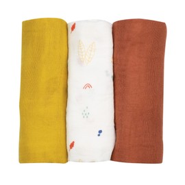 Trois Kilos Sept - 3 Baby Swaddle Wraps - Square Cotton Muslin 70 x 70 cm - Multipurpose: Blanket, Comforter, Bib, Sun Protection - Oeko-Tex Certified - Hideaway Motif