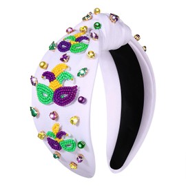 NVENF Mardi Gras Headband Carnival Accessories for Women Crown Mask Headbands Green Purple Gold Rhinestone Pearl Jeweled Knotted Headband Fat Tuesday Parade Party Favors Gifts (Beaded Mask - White)