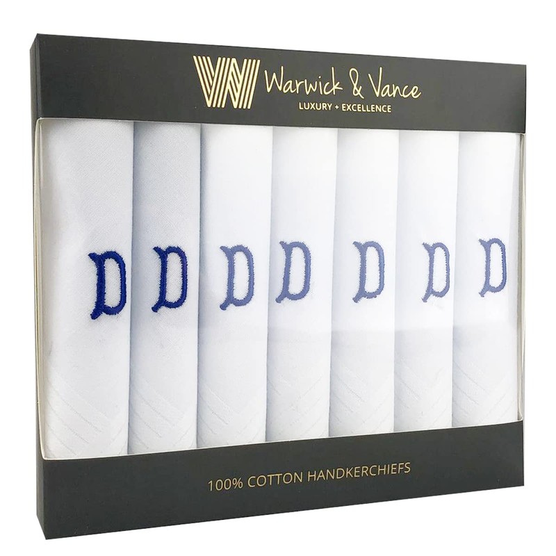 Pack of 7 White Satin Handkerchiefs with Blue Embroidered Initials,