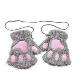 OTOTEC Women Girl Cat Claw Paw Winter Soft Plush Half Finger Fingerless Warm Glove Grey