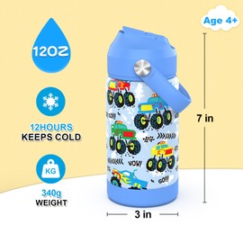 Ntswasd Monster Truck Boys Insulated Water Bottle with Straw,12 oz Kids Cups with Stainless Steel Leak Proof for School Daycare