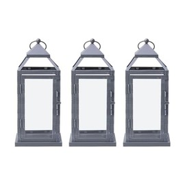 Elements Gray Metal Lanterns Set of 3-12 Inch Decorative Candle Holder Lanterns with Distressed Finish, Rustic Farmhouse Home Decor for Pillar or Tea Light Candles, Indoor Outdoor Use