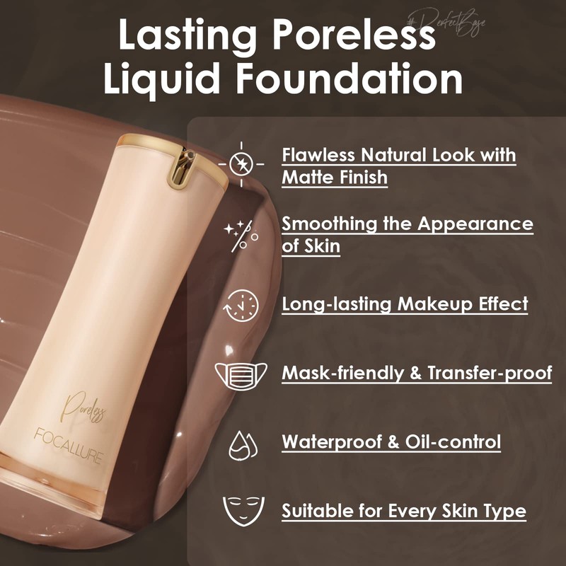 FOCALLURE PerfectBase Lasting Poreless Liquid Foundation, Medium to Full Coverage