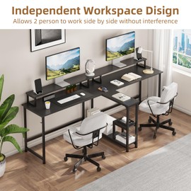 Mexin Home Office Desk-83.7 Inch 2 Person Desk with Storage Shelves and Power Outlets, Double Desk with Monitor Stand, Computer Gaming Desk, Large Work Desk, Black