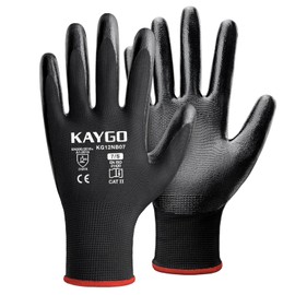 KAYGO KG12N Work Gloves Nitrile Coated, 12 Pairs Flexible Protective Gloves with Good Grip for Men Women, Ideal for General Work, Construction Warehouse, Car, Garden, DIY Assembly, KG12N (Black, S, Size 7)