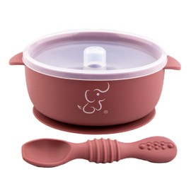 PAPU BABY Plato Hondo/Bowl/Tazón Grande con Tapa y Cuchara de Silicón 100% grado alimenticio con base de succión. Libre de BPA (Magenta)