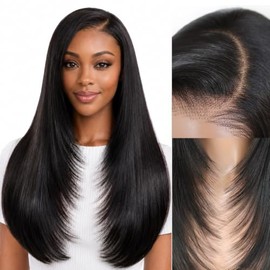 Peluca sintética con encaje frontal 9x7, sin pegamento, lista para usar, con raya en C, lisa, en capas, precortada, pre-depilada, con línea de cabello