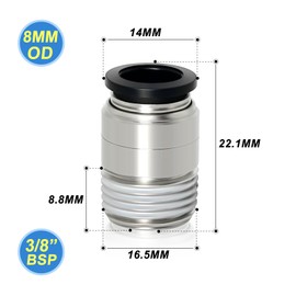 TAILONZ PNEUMATIC Round Male Straight 8mm Tube OD x 3/8 Inch BSP Thread Push to Connect Fittings POC8-03 (Pack of 10)
