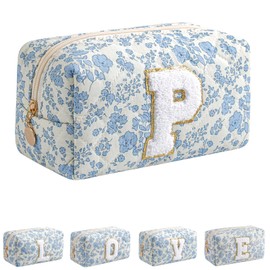 JOVAKIT Alphabet Makeup Bag Cosmetic Bag for Women, Christmas Gifts for Girls Age 6-18, Floral Flowers Coquette Travel Toiletry Zipper Make Up Pouch Organizer Trendy Stuff (Blue Floral P)