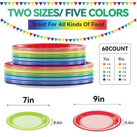 LMJUNZZ - 60 platos de papel coloridos, desechables, para fiesta, rojo, amarillo, azul, rosa, verde, 7 y 9 pulgadas, para cena, postre, pasteles, suministros de fiesta de cumpleaños para 30 invitados