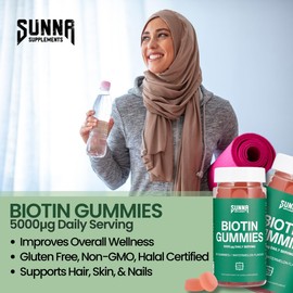 SUNNA SUPPLEMENTS Biotin Gummies 5000mcg – Halal, Gelatine-Free Hair Growth Gummies for Women – Supports Hair, Skin & Nails – Natural Watermelon Flavour – 60 Count
