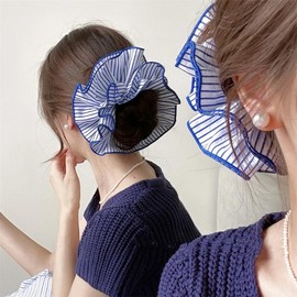 Qigfucm 2 Pack Cottagecore Extra Large Floral Scrunchies - Vintage Heart Floral Print Oversized Hair Scrunchies for Braid Ponytail Holders for Parties, Office, Daily Wear (Blue Stripe)