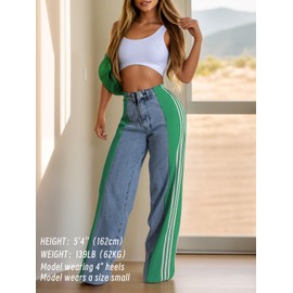 Angsuttc Wide Leg Denim Pants High Waist Patchwork Stripes Loose Jeans Colorblock Straight Leg Pant Green L