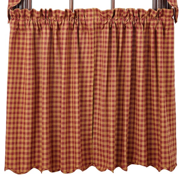 VHC Brands Burgundy Check Scalloped Tier Set of 2 L36xW36 Country Curtains, Burgundy and Tan