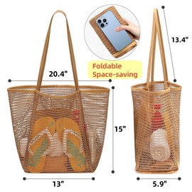 Doitxue 1 Pack Mesh Beach Bag for Women - Durable Pool Bag with Zippered Interior Pocket, Comfortable Shoulder Straps, Water-Resistant Summer Tote for Swimming, Travel Accessories, Brown