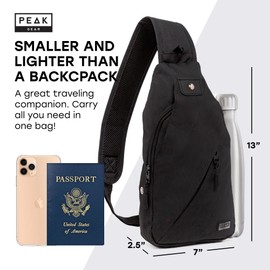 Peak Gear Travel Sling Bag. Compact Crossbody Bag | Lighter and Smaller than a Backpack | Lifetime Lost & Found ID Tag | Black