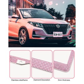 XCLPF Pink Bling License Plate Frames for Women,Handcrafted Clear Glass Diamond Rhinestone Crystals,Sparkly Premium Stainless Steel License Plate Framefor Girls,Glitter Diamond