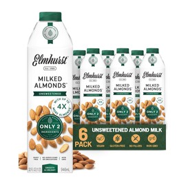 Elmhurst 1925 Unsweetened Almond Milk - 32 Ounce (Pack of 6) Dairy-Free, Vegan, Kosher, No Added Sugar, Shelf Stable Milk Made with Water & Almonds for Healthier, Simpler Plant-Based Alternatives
