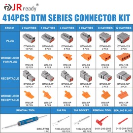 JRready ST6331 Deutsch Connector Kit, 2 3 4 6 8 12 Pin Waterproof DTM Connectors,Size 20 Stamped Contacts (16-22 AWG),Seal Plugs,Deutsch Removal Tool,Automotive Connectors Kit for Marine,Motorcycle