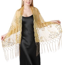 Cabishy Shawls and Wraps for Women, Ladies' Sparkly Sequin Sheer Mesh Wedding Shawls for Evening Party Dress (White) (Gold)