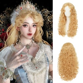 Siudus Blonde Long Curly Wavy Wig for Women with Bang Synthetic Princess Vintage Cosplay Anime Costume Hair Wig