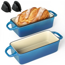 2 IN 1 Cast Iron Bread Loaf Pan with Lid, 3.4QT 9x5 Inch Dutch Oven for Bread Baking, Even Heating Bread Oven, Enameled Bread Pan for Homemade Sourdough Bread Baking & Versatile Cooking, Blue