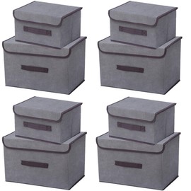 EURXLQ Grey Foldable Storage Box with Lid, Linen Fabric Foldable Storage Bin with Flip-Top Lid & Handles, Clothing Blanket Box for Home, Wardrobe (26 cm/4 Pack + 36 cm/4 Pack)