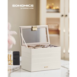 SONGMICS 4-Tier Jewelry Tray, Stackable Jewelry Box, Drawer Jewelry Organizer, with Glass Lid, Removable Dividers, for Vanity Table, 6.7 x 11 x 7.2 Inches, Gift Idea, Christmas Gifts, White UJBC164W01