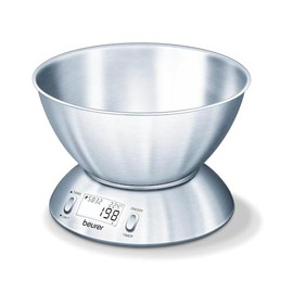 Beurer KS54 Báscula de cocina digital, balanza de cocina con bol Grande de Acero Inoxidable, Temporizador y Termómetro Ambiental
