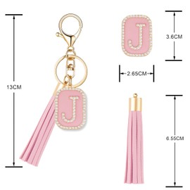 OKAICEN Cubic Zirconia Crystal Alphabet Initial Letter Keychain Pink Tassel Pendant Key Ring for Women Purse Handbag - J