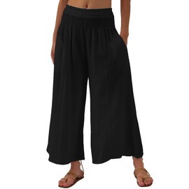 Amazhiyu Women's Cotton Gauze Wide Leg High-Waist Casual Palazzo Summer Pants Black, Small