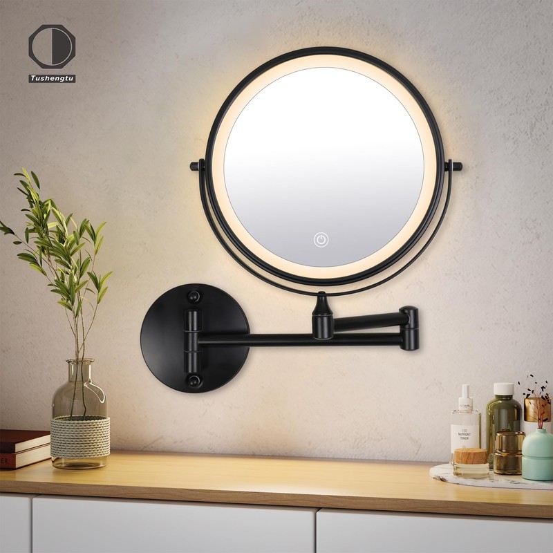 9" Large Black Wall Mount Magnifying Mirror With Light, TUSHENGTU