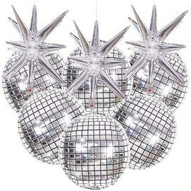 Disco Ball Balloons 9-Pack 4D Silver Disco Ball Party Balloons with 3 Silver Starburst Decorations and 6 Large 22-Inch, Durable and Reusable for Birthday, Wedding, Dance Party