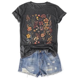 Womens Vintage Flowers T-Shirts Cute Floral Graphic Tees Wildflowers Cottagecore Tshirts Summer Casual Short Sleeve Tops(Dark Gray3,L)