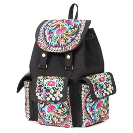 SILKAREA Vintage Embroidered Backpack Purse for Women Handbag Canvas Shoulder Bag Ethnic Boho Travel Backpack (Black S2) Large