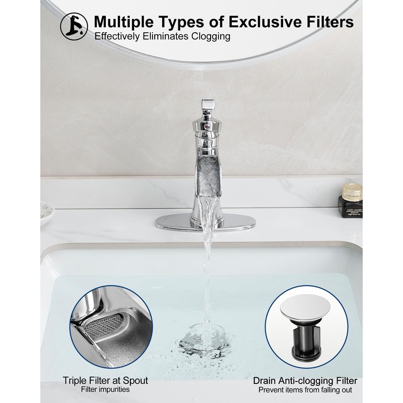 HEYMYTAP Brass Chrome Bathroom Faucet Single Handle, Bathroom Faucets One