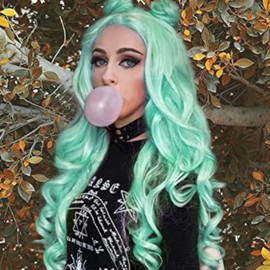 AFBeauty Blue Wig Lace Front Mint Green Synthetic Hair Long Wavy Heat Resistant Light Natural Hairline Free Part Hand Tied Lace Front Wigs for Women 24 Inches Cosplay Daily Drag