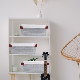 ABenkle Small Woven Basket, Cute Small Basket, Rope Room Shelf Storage Basket, Cat Dog Toys Basket Chest Box, Empty Decorative Gift Basket with Leather Handles