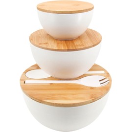 ECOWAY Salad Bowls Set of 3 with Lid & Serving Utensils, Bamboo Fiber Mixing Bowls Set Large Serving Bowls & Storage Set with Bamboo Lid for Salad, Kitchen Eating, Pasta, Popcorn, Chips, Fruit, White